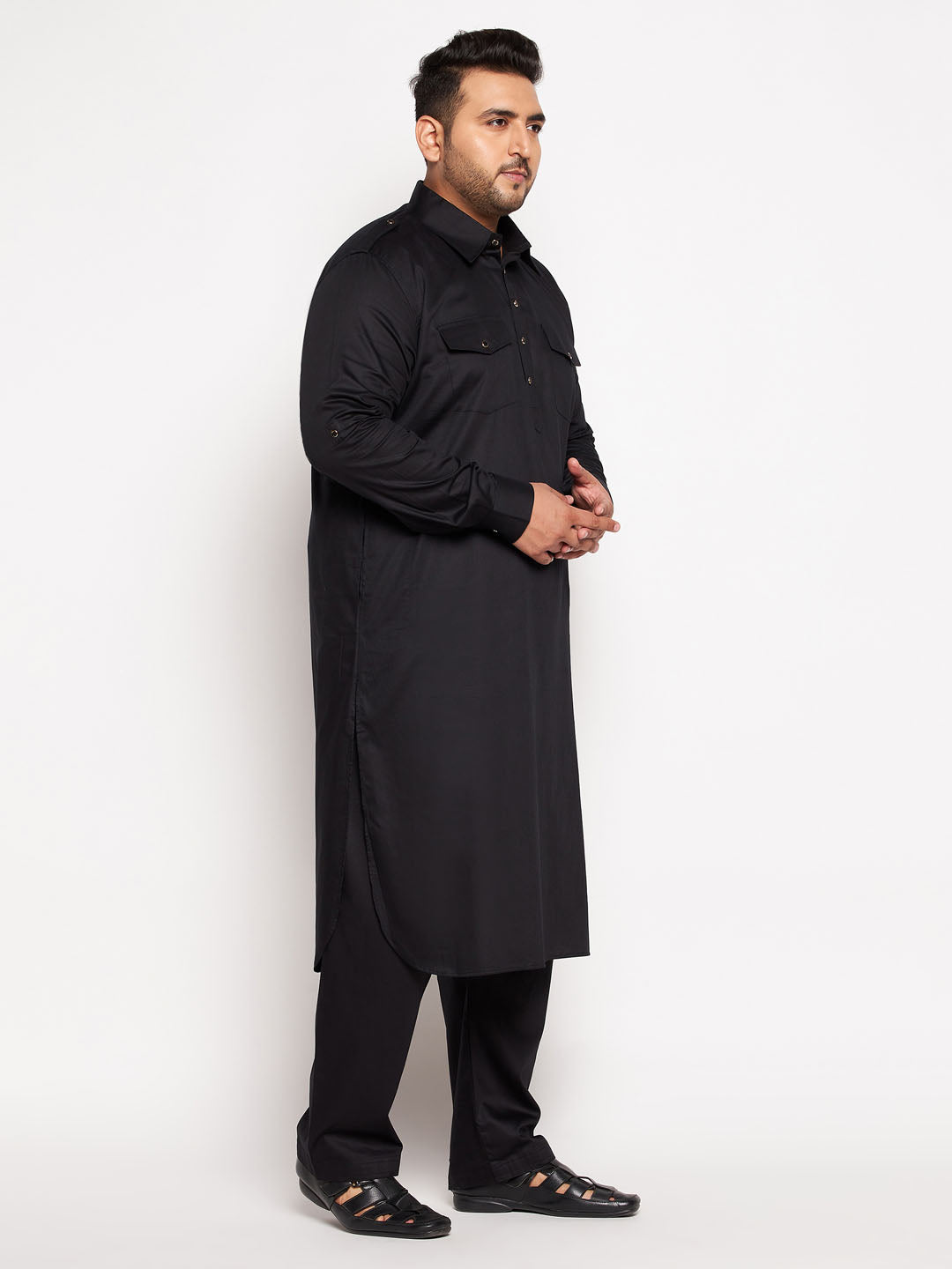 Men's Plus Size Black Cotton Blend Pathani Kurta