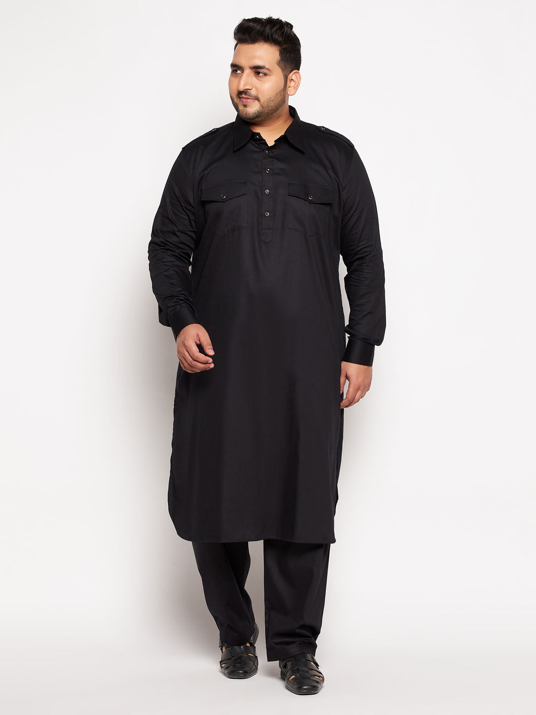 Men's Plus Size Black Cotton Blend Pathani Kurta