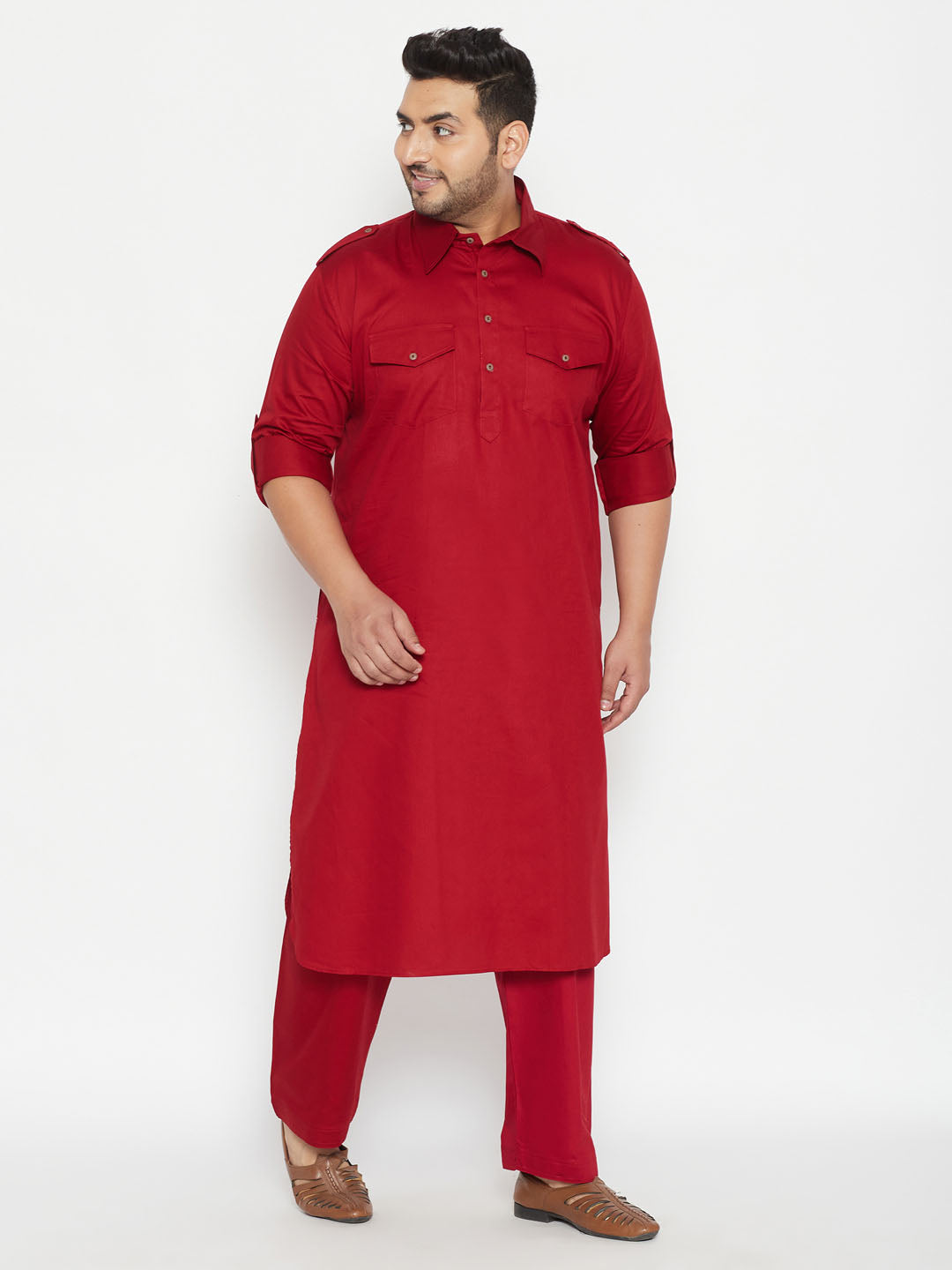 Men's Plus Size Maroon Cotton Blend Pathani Set