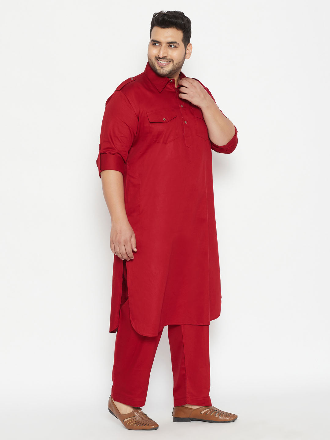 Men's Plus Size Maroon Cotton Blend Pathani Set