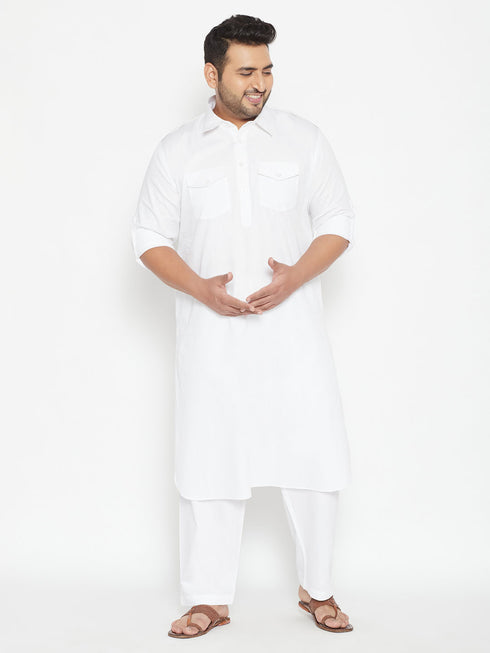 Men's Plus Size White Cotton Blend Pathani Set
