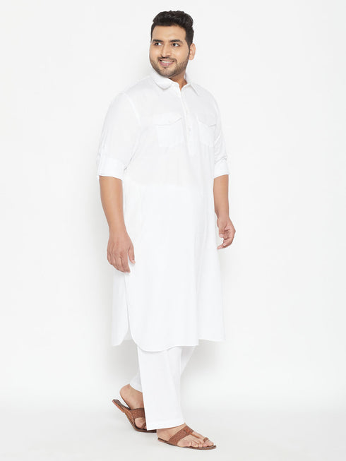 Men's Plus Size White Cotton Blend Pathani Set