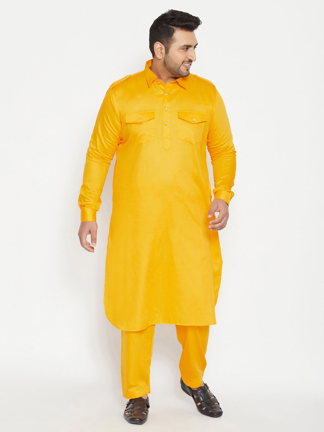 Men's Plus Size Yellow Cotton Blend Pathani Set