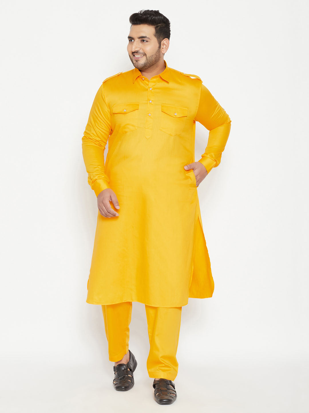 Men's Plus Size Yellow Cotton Blend Pathani Set