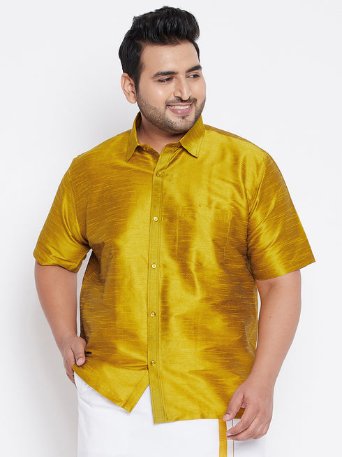 Men's Plus Size Mustard Silk Blend Ethnic Shirt