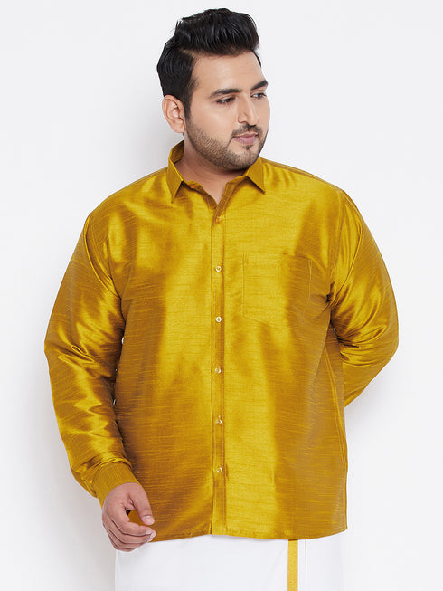 Men's Plus Size Mustard Silk Blend Ethnic Shirt