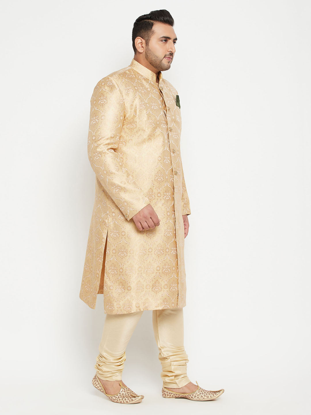 Men's Plus Size Golden Brocade Sherwani Set