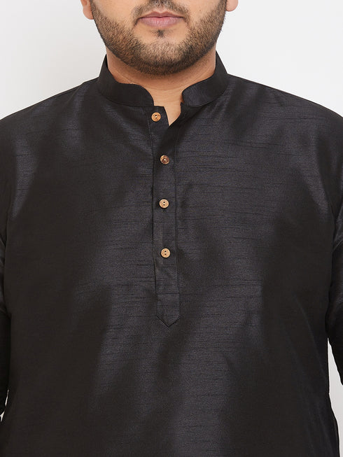 Men's Plus Size Black Silk Blend Curved Kurta