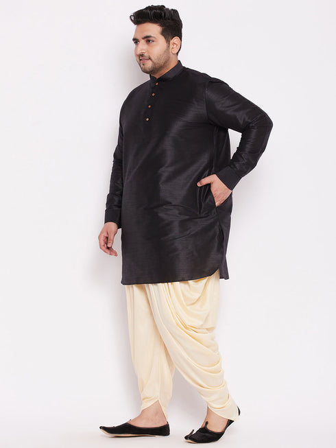 Men's Plus Size Black Silk Blend Curved Kurta Dhoti Set