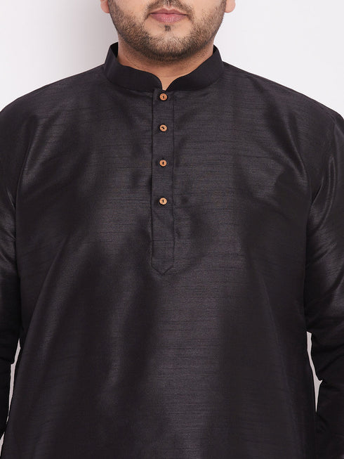 Men's Plus Size Black Silk Blend Curved Kurta Dhoti Set