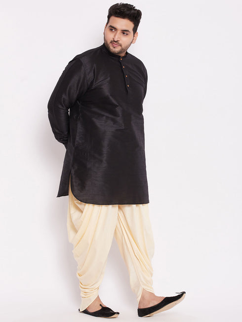 Men's Plus Size Black Silk Blend Curved Kurta Dhoti Set