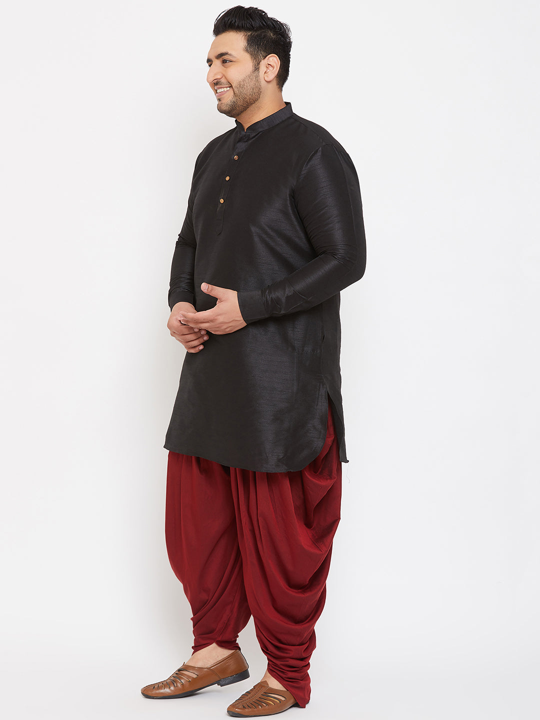 Men's Plus Size Black Silk Blend Curved Kurta Dhoti Set