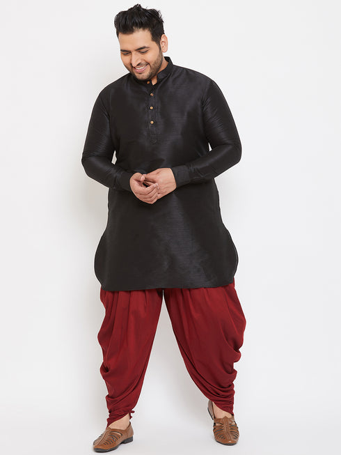 Men's Plus Size Black Silk Blend Curved Kurta Dhoti Set