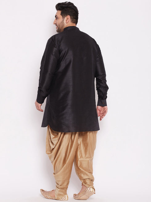Men's Plus Size Black Silk Blend Curved Kurta Dhoti Set