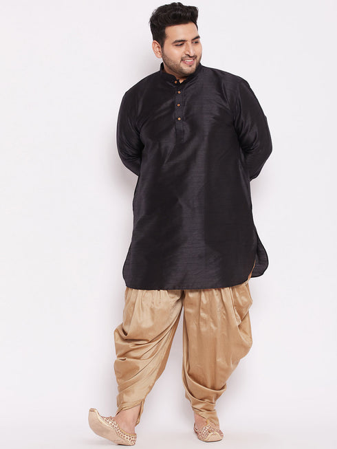 Men's Plus Size Black Silk Blend Curved Kurta Dhoti Set