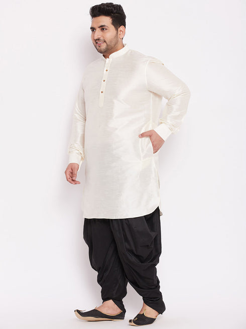 Men's Plus Size Cream Silk Blend Curved Kurta Dhoti Set