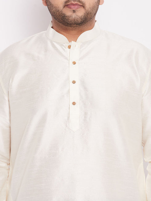 Men's Plus Size Cream Silk Blend Curved Kurta Dhoti Set