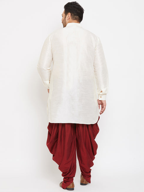 Men's Plus Size Cream Silk Blend Curved Kurta Dhoti Set