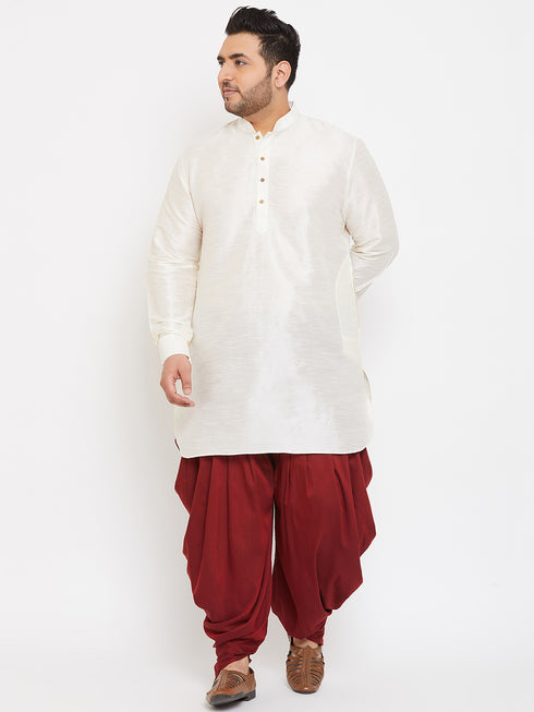 Men's Plus Size Cream Silk Blend Curved Kurta Dhoti Set