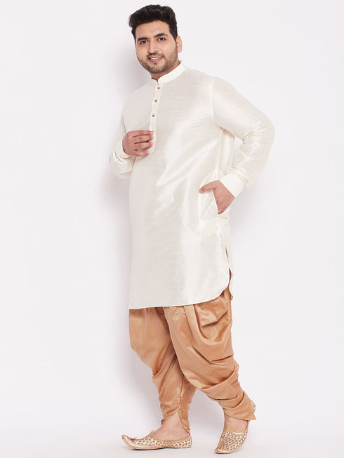 Men's Plus Size Cream Silk Blend Curved Kurta Dhoti Set