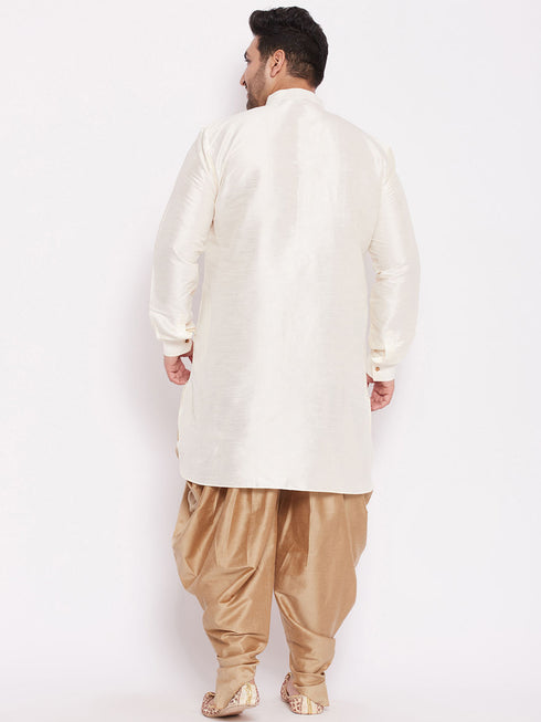 Men's Plus Size Cream Silk Blend Curved Kurta Dhoti Set
