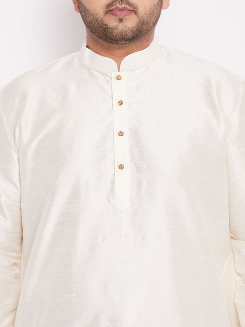 Men's Plus Size Cream Silk Blend Curved Kurta Dhoti Set