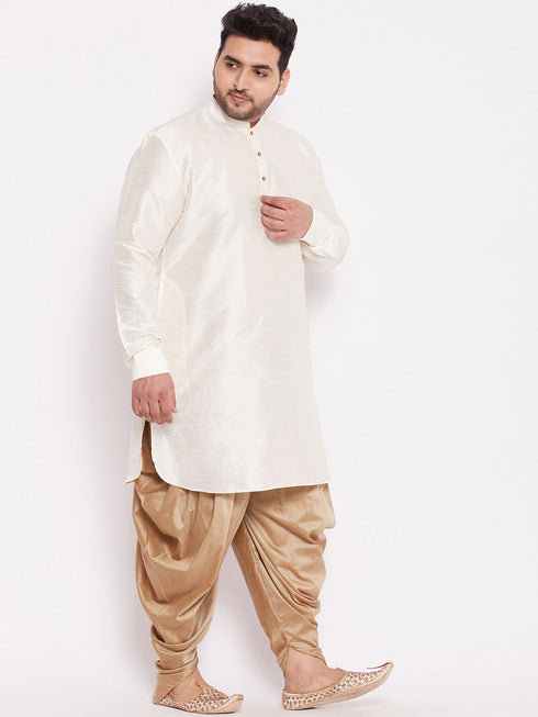 Men's Plus Size Cream Silk Blend Curved Kurta Dhoti Set