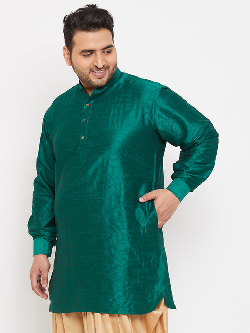 Men's Plus Size Green Silk Blend Curved Kurta
