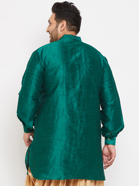 Men's Plus Size Green Silk Blend Curved Kurta