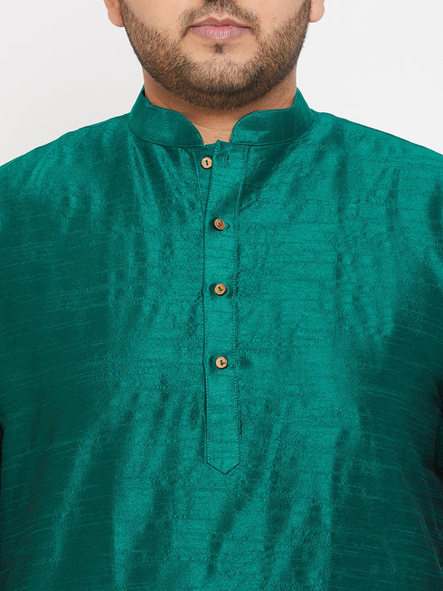 Men's Plus Size Green Silk Blend Curved Kurta