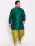 Men's Plus Size Green Silk Blend Curved Kurta Dhoti Set