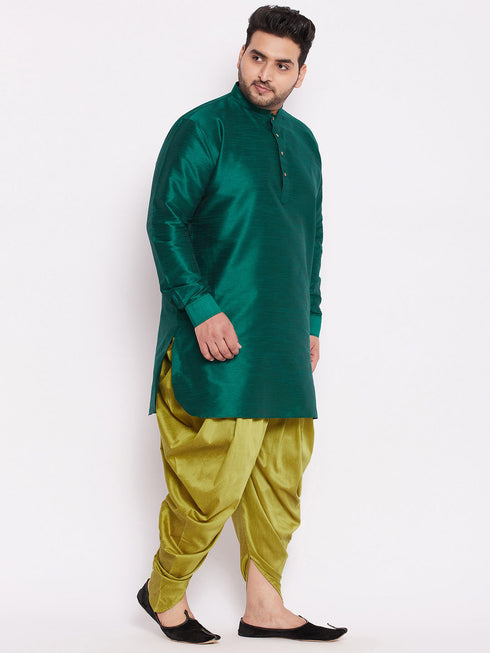 Men's Plus Size Green Silk Blend Curved Kurta Dhoti Set