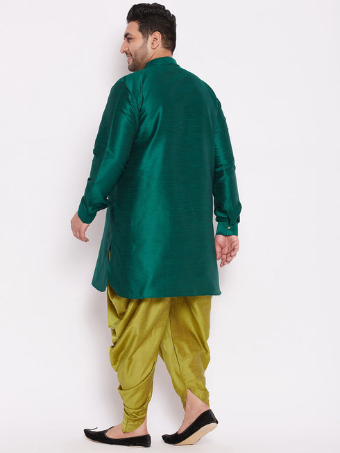 Men's Plus Size Green Silk Blend Curved Kurta Dhoti Set