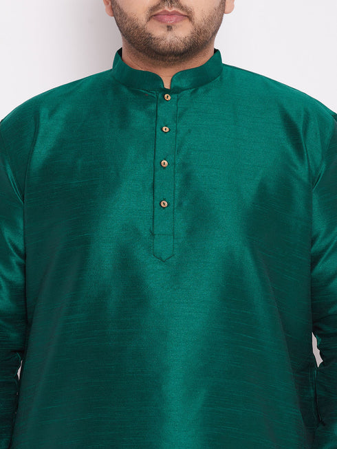 Men's Plus Size Green Silk Blend Curved Kurta Dhoti Set