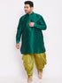Men's Plus Size Green Silk Blend Curved Kurta Dhoti Set