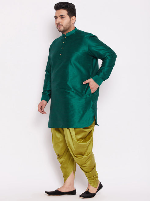 Men's Plus Size Green Silk Blend Curved Kurta Dhoti Set