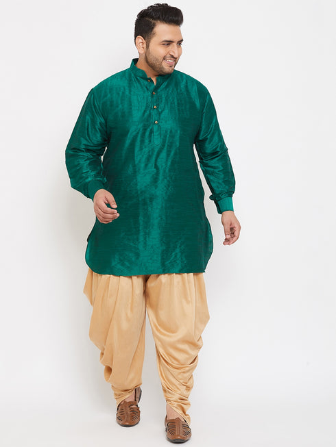 Men's Plus Size Green Silk Blend Curved Kurta Dhoti Set