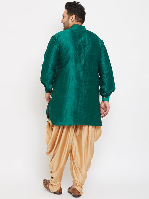 Men's Plus Size Green Silk Blend Curved Kurta Dhoti Set