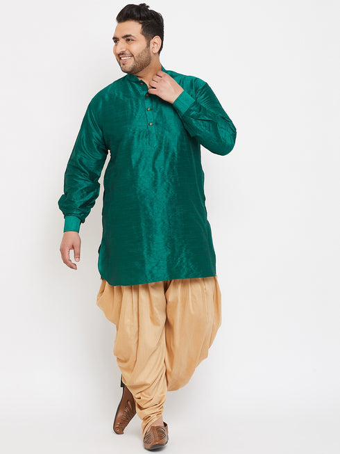 Men's Plus Size Green Silk Blend Curved Kurta Dhoti Set