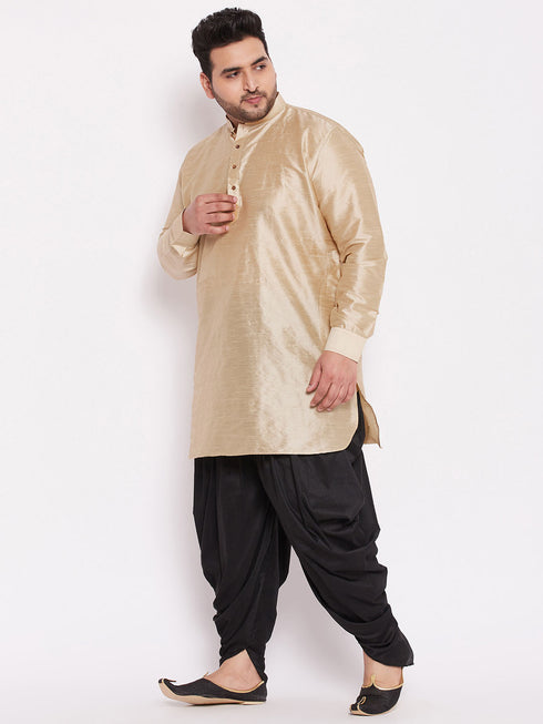 Men's Plus Size Golden Silk Blend Curved Kurta Dhoti Set