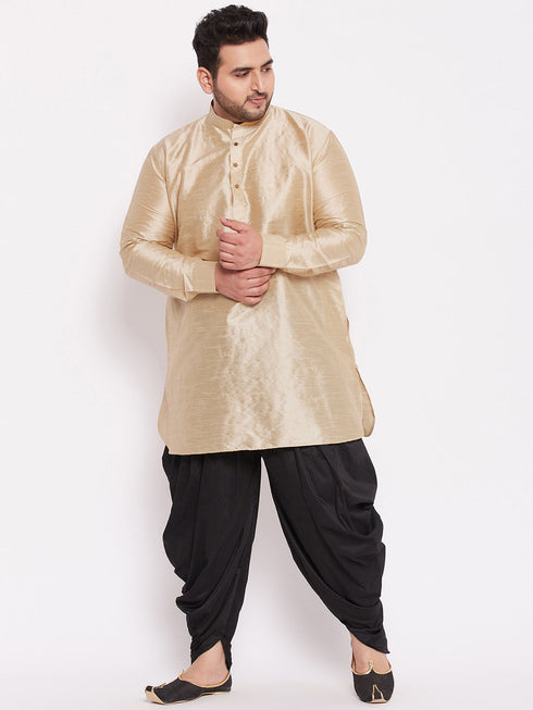 Men's Plus Size Golden Silk Blend Curved Kurta Dhoti Set