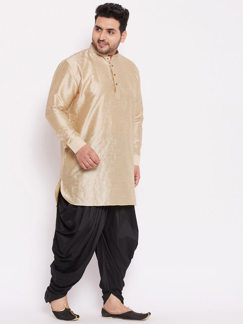 Men's Plus Size Golden Silk Blend Curved Kurta Dhoti Set