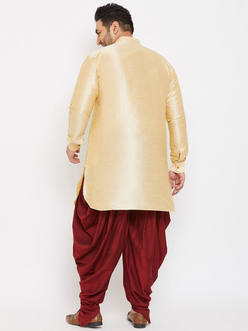 Men's Plus Size Golden Silk Blend Curved Kurta Dhoti Set