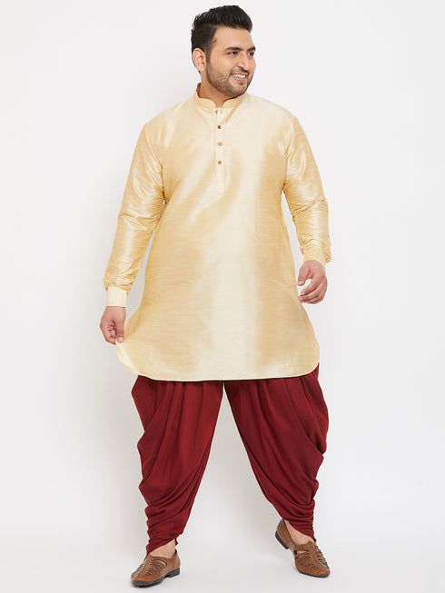 Men's Plus Size Golden Silk Blend Curved Kurta Dhoti Set