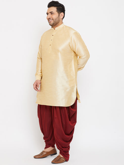Men's Plus Size Golden Silk Blend Curved Kurta Dhoti Set