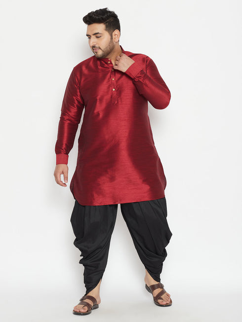 Men's Plus Size Maroon Silk Blend Curved Kurta Dhoti Set