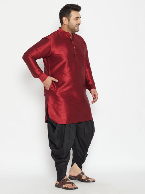 Men's Plus Size Maroon Silk Blend Curved Kurta Dhoti Set