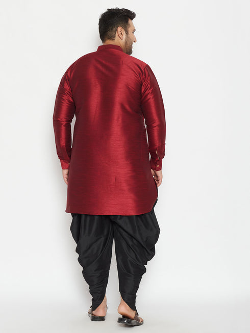 Men's Plus Size Maroon Silk Blend Curved Kurta Dhoti Set