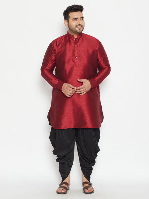 Men's Plus Size Maroon Silk Blend Curved Kurta Dhoti Set