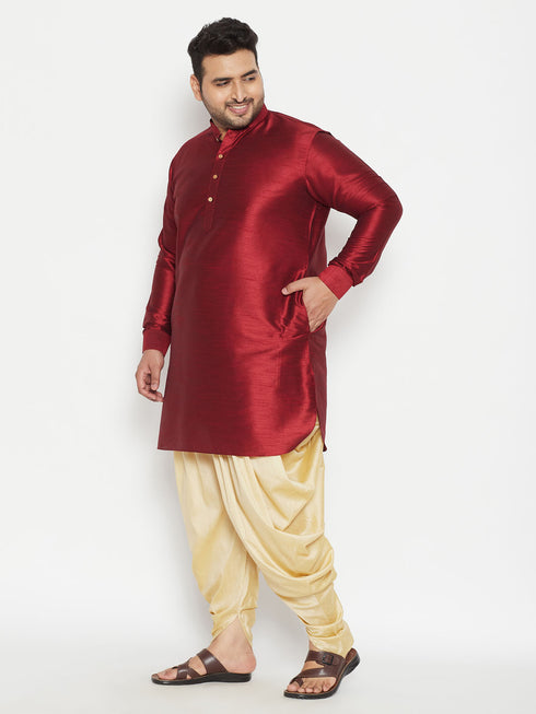 Men's Plus Size Maroon Silk Blend Curved Kurta Dhoti Set